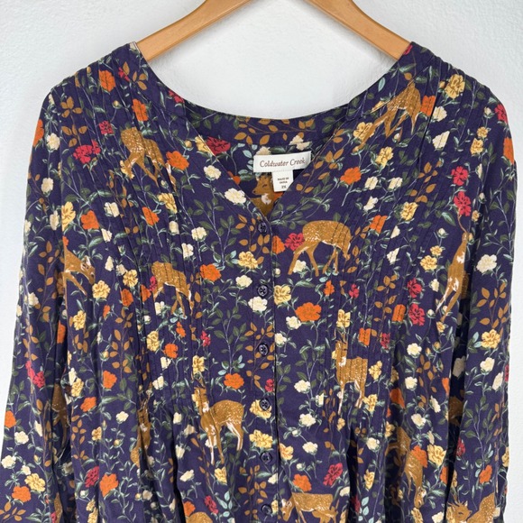 Coldwater Creek Womens Floral Deer Button Pintuck Top 2x Novelty Cottagecore - Picture 6 of 8